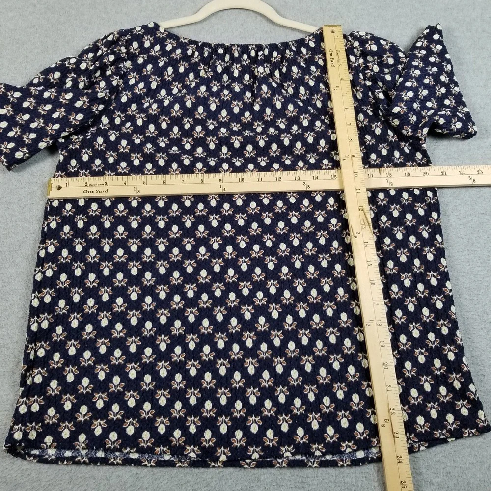 LOFT Blouse Women M Medium Blue Floral Seersucker Puff Sleeve Casual Top Cottage